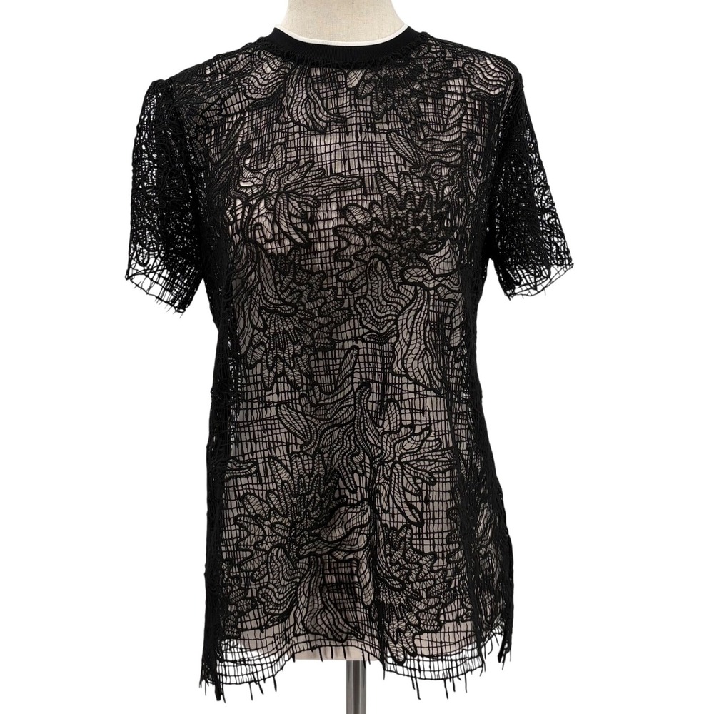Proenza Schouler Black Floral Lace Short Sleeve Top Crew Neck Back Zip Size 6